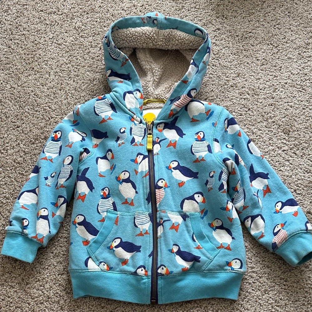 Mini Boden Light Blue Fleece-Lined Hoodie PUFFIN PRINT 🥹
